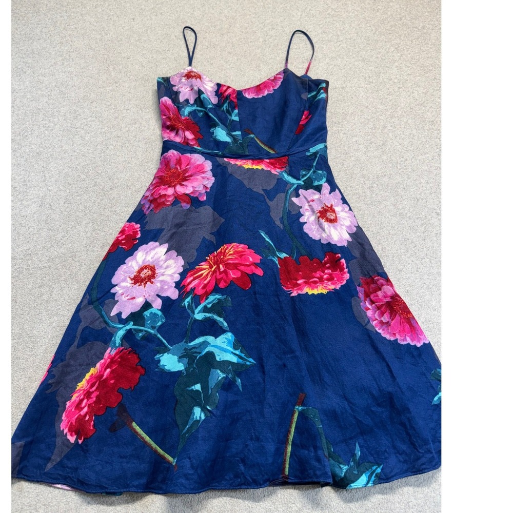 Banana Republic Petite Floral Midi Dress Navy Pink‎ Fit Flare Spaghetti Strap 0P